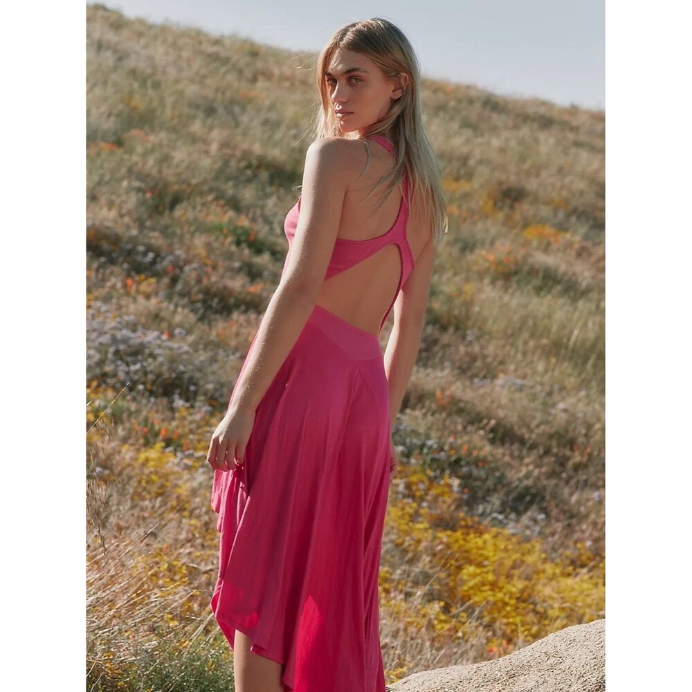 Free People FP Beach Bethany Midi Dress Pink Cutout Racerback Asymmetrical Sz M - Picture 3 of 11